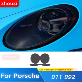 สติกเกอร์ฟิล์ม TPU ใส ป้องกันไฟหน้ารถยนต์ สีดําควัน สําหรับ Porsche 911 992 2019 2020 2021 2 ชิ้น