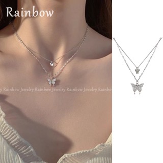 【Rainbow】สร้อยคอโซ่ชุบเงิน จี้รูปผีเสื้อ ประดับเพทาย สองชั้น เครื่องประดับสําหรับผู้หญิง