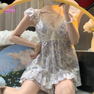 ชุดนอน ชุดชั้นใน แขนกุด ผ้าฝ้าย พิมพ์ลายดอกไม้ เซ็กซี่ พลัสไซซ์ M-XXL สําหรับผู้หญิง 2 ชิ้น