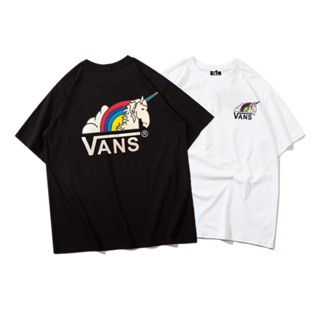 VANS เสื้อยืด ลายยูนิคอร์น ไดโนเสาร์ สีรุ้ง สําหรับเล่นสเก็ตบอร์ด