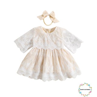 Babyclothes-ชุดเดรส คอกลม แขนห้าส่วน แต่งลูกไม้ พร้อมที่คาดผม แฟชั่นฤดูร้อน สําหรับเด็กผู้หญิง 2 ชิ้น