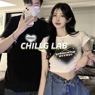 CHILLG LAB ชุดคู่แขนสั้นฤดูร้อนผ้าฝ้าย 100 เสื้อยืดย้อนยุคอเมริกัน 2023 เทรนด์ใหม่ความรู้สึกการออกแบบเฉพาะ