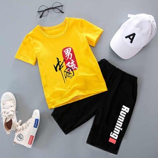 ชุดแคมป์ปิ้งเด็ก ชุดออกงานเด็กผู้ชาย Guochao 100% cotton boy set summer clothes childrens two-piece set new summer สไตล์จีน short sleeve t baby