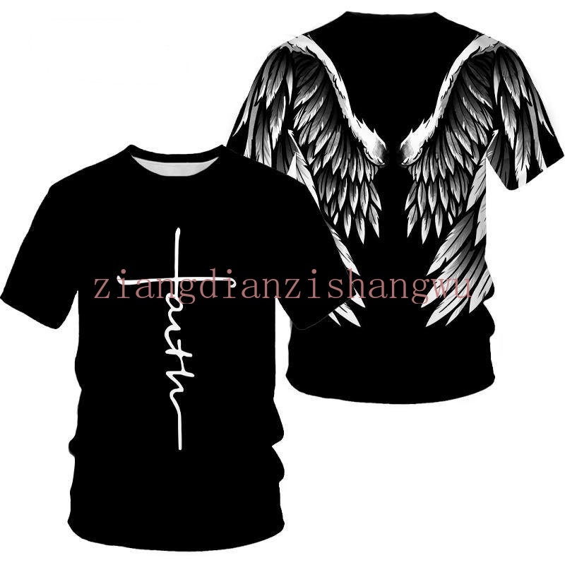 เสื้อยืดแขนสั้นลายปั๊มร้อน พิมพ์ลายปีกนางฟ้า ทำจากผ้าฝ้ายแท้ ไซส์หลวม เหมาะสำหรับทั้งผู้ชายและผู้หญิง