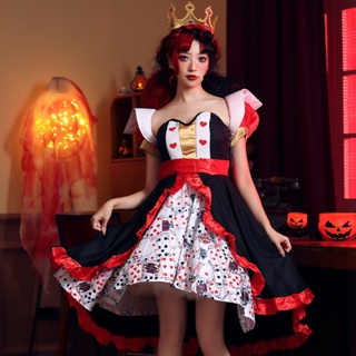  ชุดคอสเพลย์ ชุดราชินีไพ่โป๊กเกอร์ Alice in Wonderland Queen of Hearts สีแดง สําหรับปาร์ตี้ฮาโลวีน