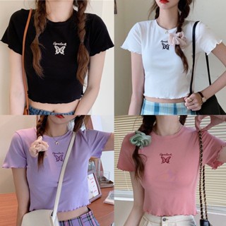 🍓Olivia🍓เสื้อยืด ไหมพรม แขนสั้นปักลายผีเสื้อ มี4สี #5150