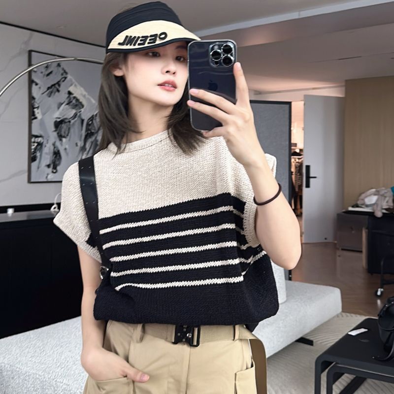 ใหม่ เสื้อคอกลม ผ้าถัก ลายทาง ทรงหลวม บาง สไตล์ฤดูร้อน สําหรับผู้หญิง E5WM
