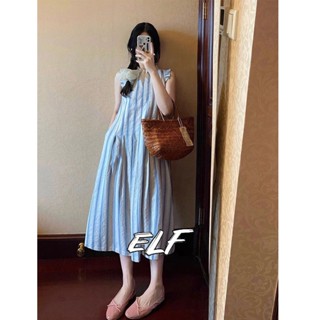 ชุดเดรสแขนกุด ลายทาง สีฟ้า สไตล์ฝรั่งเศส แฟชั่นฤดูร้อน