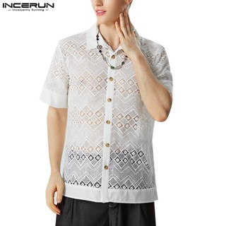 Incerun เสื้อเชิ้ตลําลอง แขนสั้น ฉลุลายลูกไม้ สไตล์วินเทจ สําหรับผู้ชาย