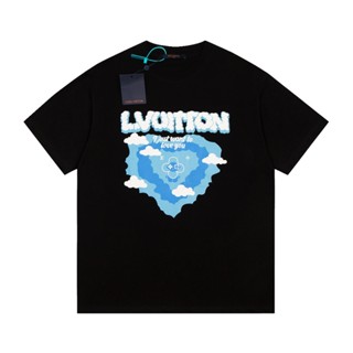 L66- เสื้อยืดคอกลม แขนสั้น พิมพ์ลายก้อนเมฆ สีฟ้า สีขาว N SHAS