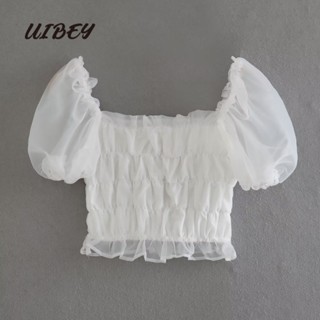 Uibey เสื้อถัก คอสี่เหลี่ยม แขนพัฟ สีพื้น อเนกประสงค์ แฟชั่น 4369