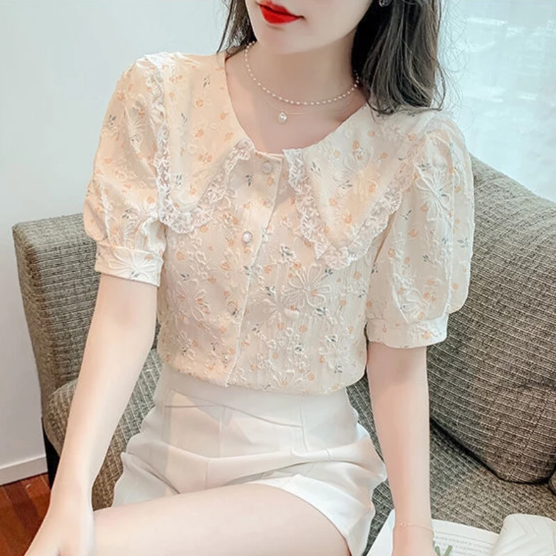 เสื้อลายดอกไม้สไตล์เกาหลีแขนสั้นผ้าชีฟอง