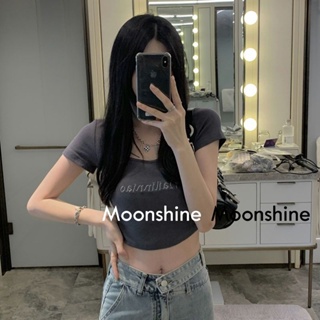 Moon เสื้อครอป เสื้อแฟชั่นผู้หญิง y2k สีพื้น สําหรับผู้หญิง ใส่ไปคลับ ปาร์ตี้ 2023 NEW 23070705