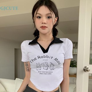 Gjcute เสื้อครอปท็อป แขนสั้น คอปก พิมพ์ลายการ์ตูนกระต่าย แฟชั่นฤดูร้อน สําหรับผู้หญิง WTD