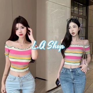 L.A Shop ​พร้อมส่ง เสื้อไหมพรม เปิดไหล่ขอบไหล่หยักๆ ลายทาง ใส่ได้2แบบ มีสีเดียว "44166" -C