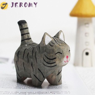 Jeromy ฟิกเกอร์ไม้แกะสลัก รูปการ์ตูนแมว สีส้ม สีเทา แฮนด์เมด