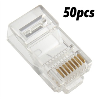 ปลั๊กเชื่อมต่อสายเคเบิลเครือข่าย LAN Cat5e Cat6 RJ45 หมุดสีทอง 50 ชิ้น