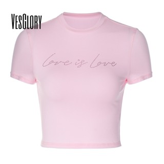 Vesglory เสื้อครอปท็อป คอกลม แขนสั้น พิมพ์ลายตัวอักษร สีพื้น เซ็กซี่ สําหรับผู้หญิง 2023