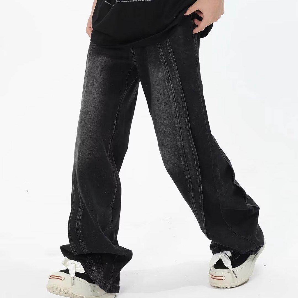 MNO.9 JEANS 8855 กางเกงยีนส์ชาย ทรงกระบอกหลวม วินเทจ แต่งผ้าต่อ - รูปที่ 3