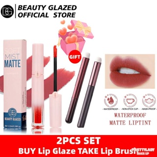 【2PCS】BEAUTY GAZED Water Mist Lip Glaze Velvet Matte Natural Whitening Makeup Not Fade No-stick Cup Lipstick Lip Gloss + Free Lip Brush [prettylady]