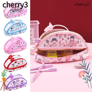 Cherry3 กระเป๋าดินสอ ผ้าแคนวาส มีซิปคู่ รูปเชอร์รี่ สําหรับใส่เครื่องเขียน โรงเรียน