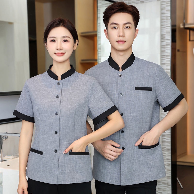 เสื้อคนงานไซส์ใหญ่ คอปก เสื้อยูนิฟอร์ม ชุดทำงาน ชุดพนักงานทำความสะอาดชุดพนักงานเสริฟ กระดุมเซฟตี้ (L-6XL)