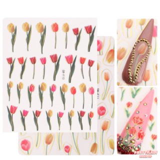 ANNIES สติ๊กเกอร์ติดเล็บลายดอกทิวลิปสีชมพูสไตล์ภาพวาดสีน้ำมันแผ่นแปะตกแต่งกันน้ำ [prettylady]