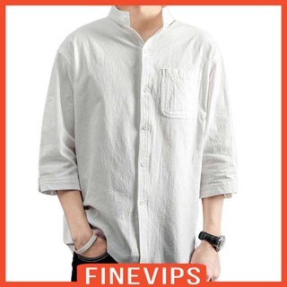 [Finevips] เสื้อเชิ้ตลําลอง แขน 3/4 ผ้าลินิน ทรงหลวม สําหรับผู้ชาย ออกเดท ชายหาด วันหยุด