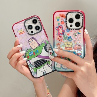 Casetify เคสโทรศัพท์มือถือแบบแข็ง แต่งกลิตเตอร์ ลาย Disney Pixar Toy Story Buzz Lightyear สีชมพู สีฟ้า ไล่โทนสี สําหรับ iPhone 14 13 12 Pro Max