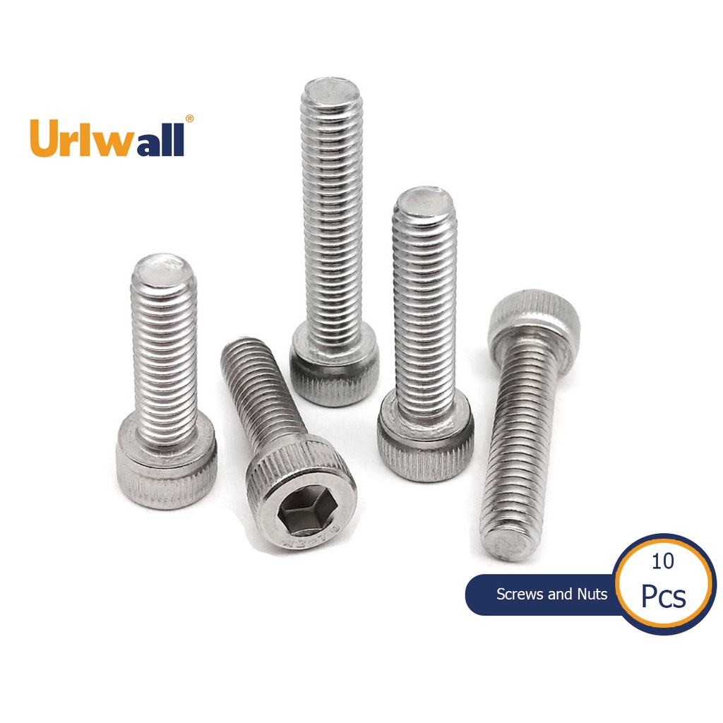 Urlwall 10PCS M5 M6 M8 304 A2-70 สแตนเลส DIN912 สกรูหัวหกเหลี่ยม ฮาร์ดแวร์อุปกรณ์เสริมพิเศษหกเหลี่ยมหัวสกรูความยาว 2-80 มม.