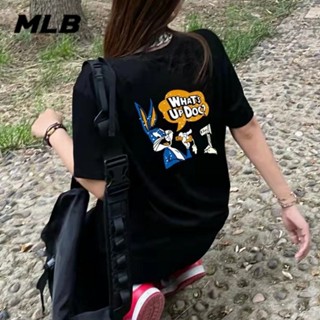 Mlb100% เสื้อยืดคอกลม แขนห้าส่วน พิมพ์ลายการ์ตูน ทรงหลวม ใส่สบาย ของแท้ สําหรับทุกเพศ