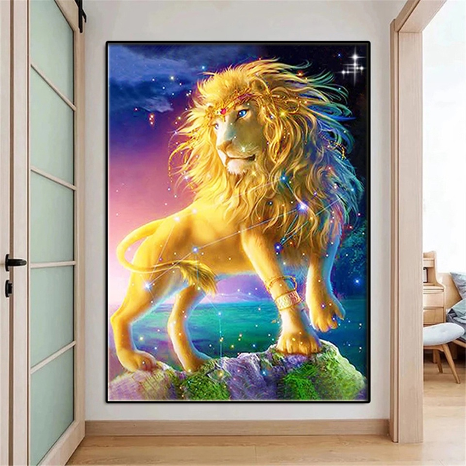 สัตว์สิงโตสีทองภาพวาดผ้าใบตกแต่งบ้านภาพติดผนังสัตว์