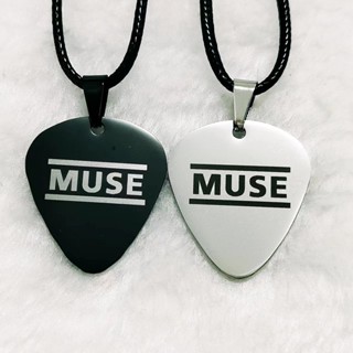 Muse สร้อยคอเชือกหนัง สเตนเลส จี้ปิ๊กกีตาร์ เครื่องประดับ