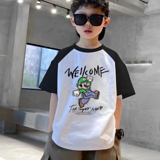 ✨【พร้อมส่ง】เสื้อยืดแขนสั้น ผ้าฝ้ายแท้ พิมพ์ลายการ์ตูนมาริโอ้ 1-14Y สีตัดกัน แฟชั่นฤดูร้อน สําหรับเด็กผู้ชาย
