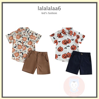 Laa6- เสื้อเชิ้ตแขนสั้น พิมพ์ลายฟักทอง และกางเกงขาสั้น สีพื้น สําหรับเด็กผู้ชาย