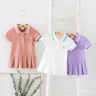 Korean-style childrens wear girls embroidered POLO skirt foreign childrens lapel short sleeve pleated skirt baby duck dress 6L66