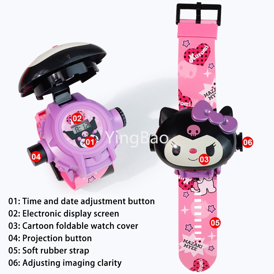 Kawaii Sanrio ของแท้ นาฬิกาโปรเจคเตอร์ การ์ตูนคุโรมิ ฝาพับ ของเล่นอิเล็กทรอนิกส์ นาฬิกาน่ารัก ของขวัญ Cinnamoroll