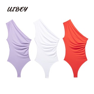 Uibey ชุดจั๊มสูท เปิดไหล่ข้างเดียว สีพื้น แฟชั่น 8935