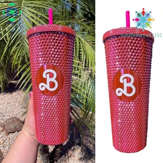 Bling Pink Studded Tumbler แก้วน้ําพกพา พร้อมฝาปิด และหลอดดูด