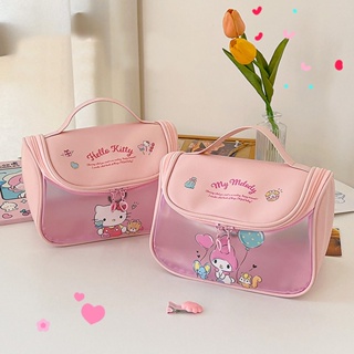 SANRIO กระเป๋าเครื่องสําอาง หนัง PU โปร่งแสง แต่งซิปคู่ ขนาดใหญ่ จุของได้เยอะ แบบพกพา ลายการ์ตูนซานริโอ้ สําหรับผู้หญิง