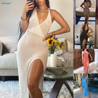 【HODRD】Women Crochet Hollow Sexy Plunge Backless Bandage Sleeveless Split Long Dress【Fashion】