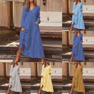 【HODRD】Dress Tunic V-Neck Vintage Womens Beach/Daily Cotton Linen Long Sleeve【Fashion】