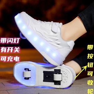 【สินค้าเฉพาะจุด】รองเท้ามีล้อ ไฟ LED คิดค่าใช้จ่าย 2 รองเท้าเดินแบบล้อเลื่อนแบบอินไลน์โรลเลอร์สเก็ต ล้อพับ