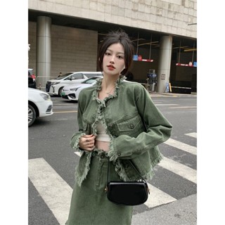 Vintage Green Fringe Tassel Denim Jacket Womens Spring 2023 New Style Western Style Fried Street All-match Loose Top Trendy