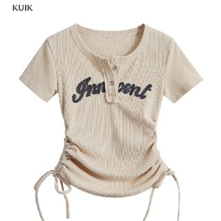 Kuik เสื้อยืดลําลอง คอกลม แขนสั้น พิมพ์ลายตัวอักษร Y2k เซ็กซี่ สําหรับสตรี