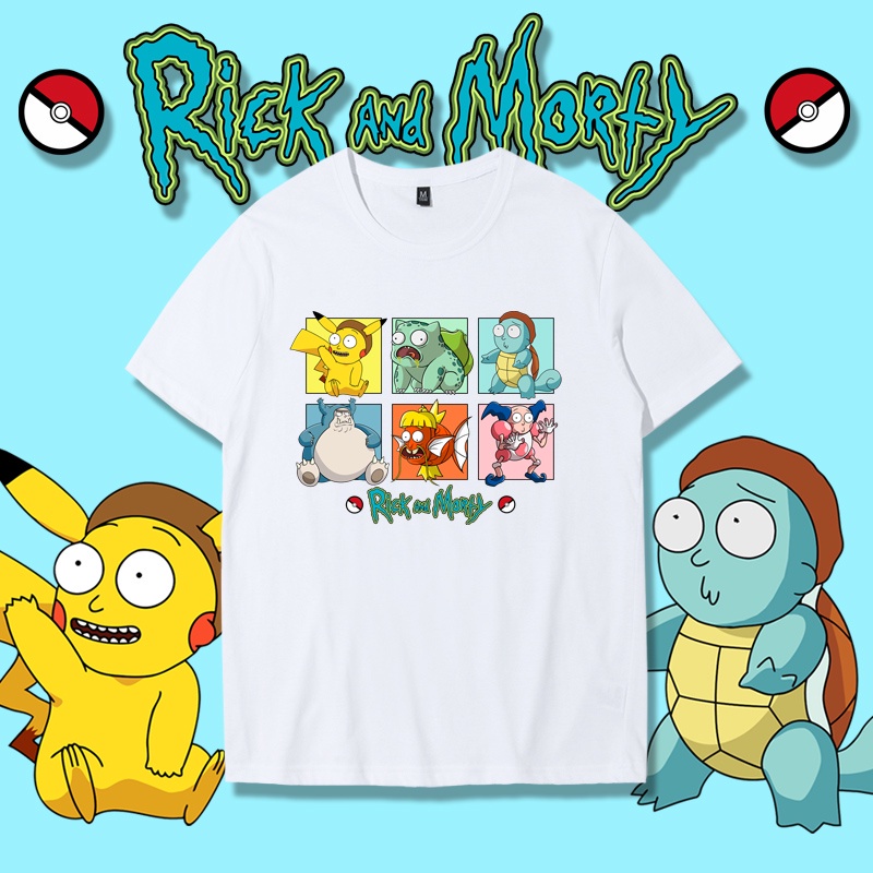 🌟พร้อมส่ง🌟โปเกมอนชื่อร่วม Rick and Morty tide แบรนด์แขนสั้นเสื้อยืดชาย Pikachu หลอกเสื้อผ้า Rick and Morty