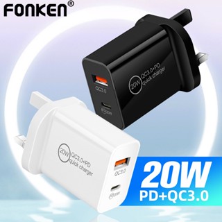 Fonken อะแดปเตอร์ชาร์จ USB 20W PD Type C QC3.0 ปลั๊ก UK ชาร์จเร็ว สําหรับชาร์จโทรศัพท์มือถือ ติดผนัง เดินทาง