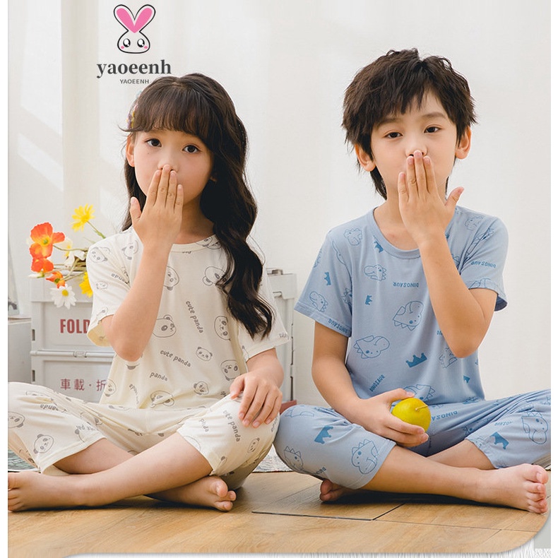 【YAOEENH】พร้อมส่ง ชุดนอน เสื้อครอปแขนสั้น และกางเกง ขนาดใหญ่ 90-160 ซม. สําหรับเด็กผู้ชาย และเด็กผู้หญิง สองชิ้น