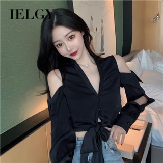IELGY เสื้อเชิ้ตแขนยาว เปิดไหล่ คอวี สไตล์ฝรั่งเศส สําหรับผู้หญิง