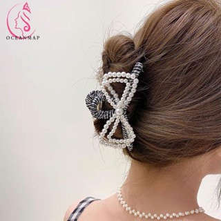 OCEANMAP Korean Pearl Hair Claws Sweet Bow Hair Crab Clip Women New Hair Accessories Elegant Double Layer Floral Ponytail Holder